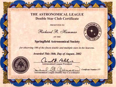 Double Star Club Certificate