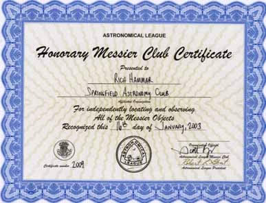 Honorary Messier Club Certificate